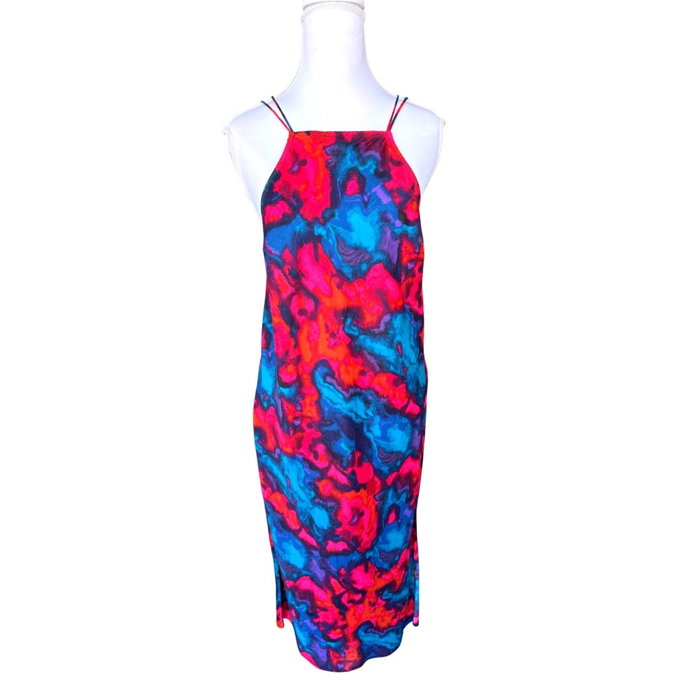 Silence + Noise Abstract Tie Dye Midi Slip Dress Strappy Open Back Pink Blue S